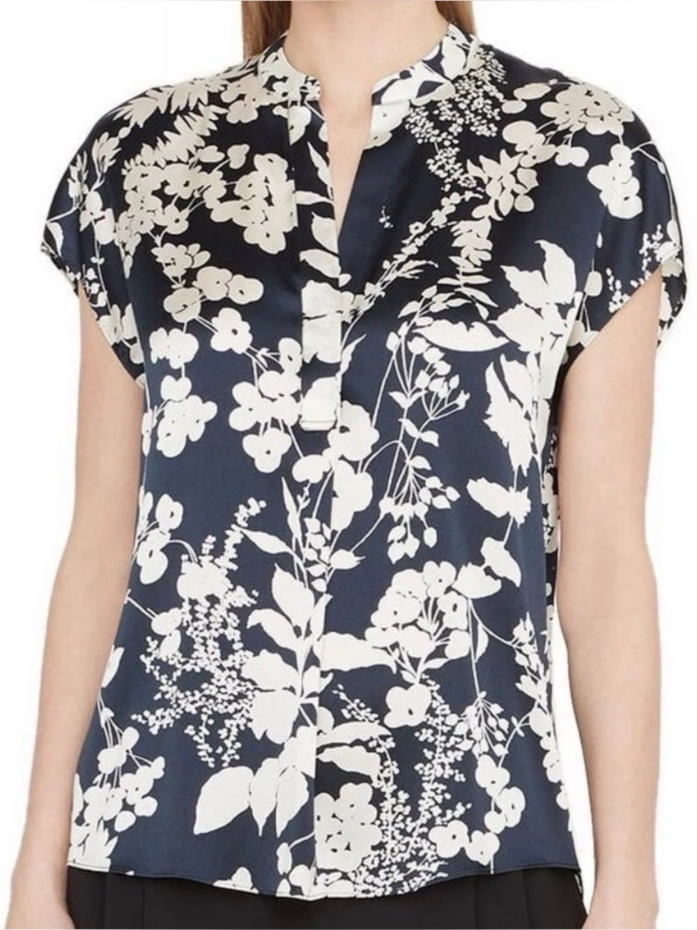 Vince Arboretum Floral Silk Cap Sleeve Popover Blouse Women's Small Navy Cream